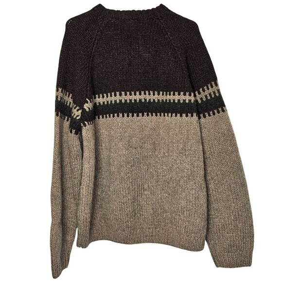 J.Crew Vintage Thick Handknit Wool Sweater L‎ Brown Striped Fisherman Pullover - Picture 2 of 8
